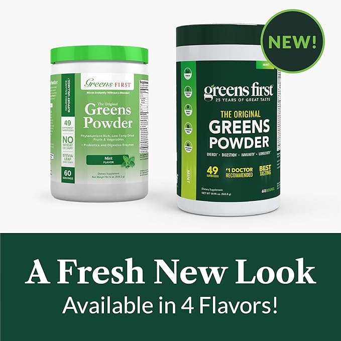 Greens First Original Greens Powder - 49 Superfoods - Organic Fruits &amp Veggies - Prebiotics Probiotics &amp Digestive Enzymes - Antioxidant Smoothie - Dairy Free Vegan &amp Non-GMO (Mint 60 S