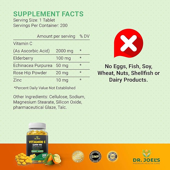 Dr. JOEL'S Immune Support Vitamin C 2000 mg - 200 Tablets - with Zinc Elderberry Rose Hip Echinacea - Boosts Immune System- Made in USA