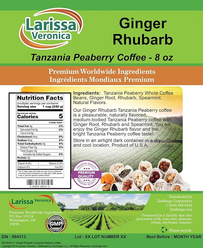 Ginger Rhubarb Tanzania Peaberry Coffee (Gourmet Naturally Flavored Whole Coffee Beans) (8 oz ZIN: 564313) - 2 Pack