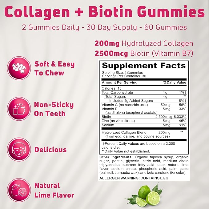 200mg Hydrolyzed Gummy Collagen for Women &amp Men. 2500mcg Biotin Gummies with 5mg Vitamin E 50mg Vitamin C &amp 5mg Zinc. Gluten-Free Non-GMO Keto Friendly Adult Biotin and Collagen Vitamins