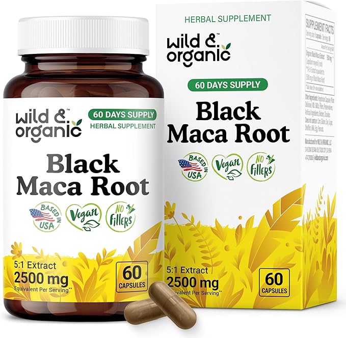 Wild &amp Organic Black Maca Root Capsules for Women &amp Men 500 mg - Maca Root Extract for Overall Support - 60 Vegan Capsules - Men &amp Women Supplement - 60 Days Supply - Non-GMO No Fillers