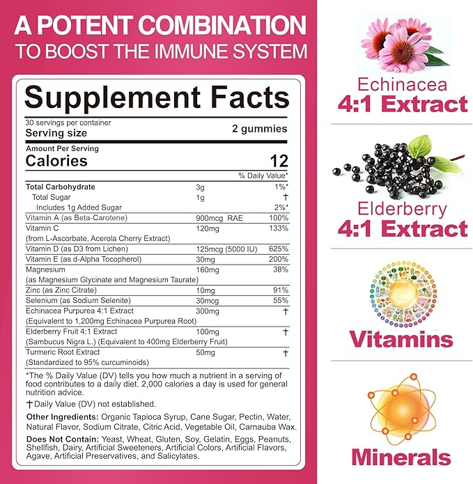 10 in 1 Immune Support Supplement Gummies w/Echinacea Elderberry Vitamin C and Zinc Selenium Vitamin D3 5000IU Magnesium Daily Immune Booster Multivitamin for Antioxidant Bone Energy 1 Pack