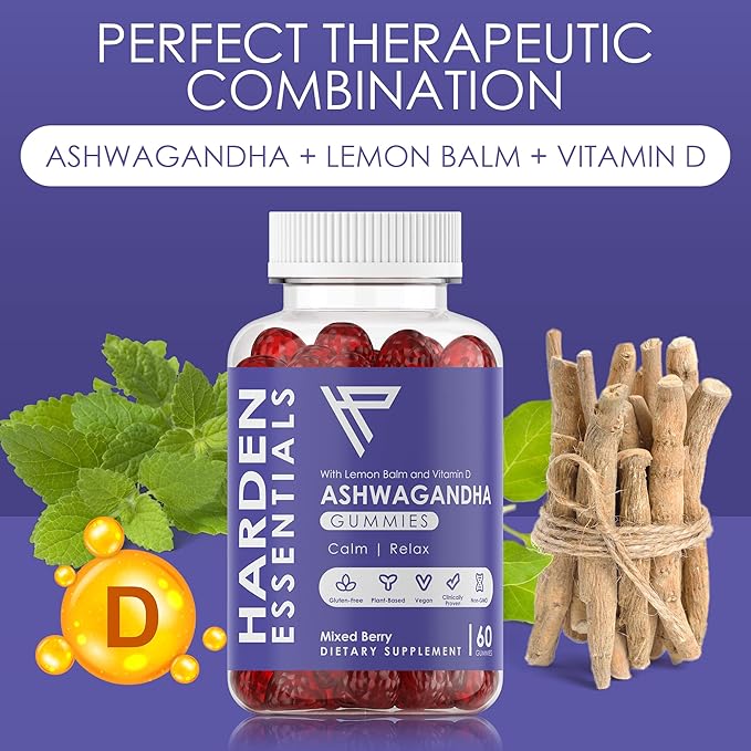 KSM-66 Ashwagandha Gummies 750mg Per Gummy – 1500mg Per Serving – Stress &amp Cortisol Support – with Lemon Balm &amp Vitamin D – 60 Count (30 Day Supply) – Vegan – Harden Essentials