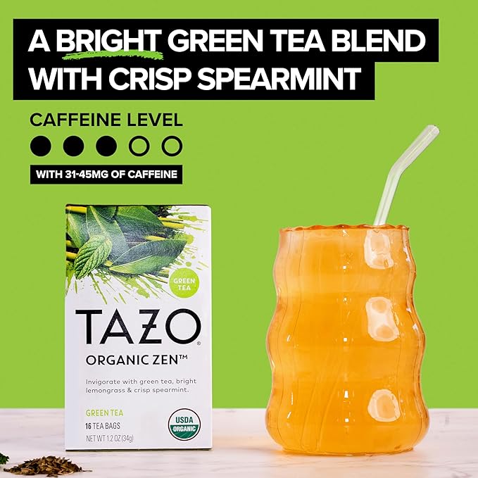 TAZO Organic Zen Green Tea Bags Caffeine Free Tea with Refreshing Lemongrass &amp Spearmint 96 Total Tea Bags (16ct - Pack of 6)