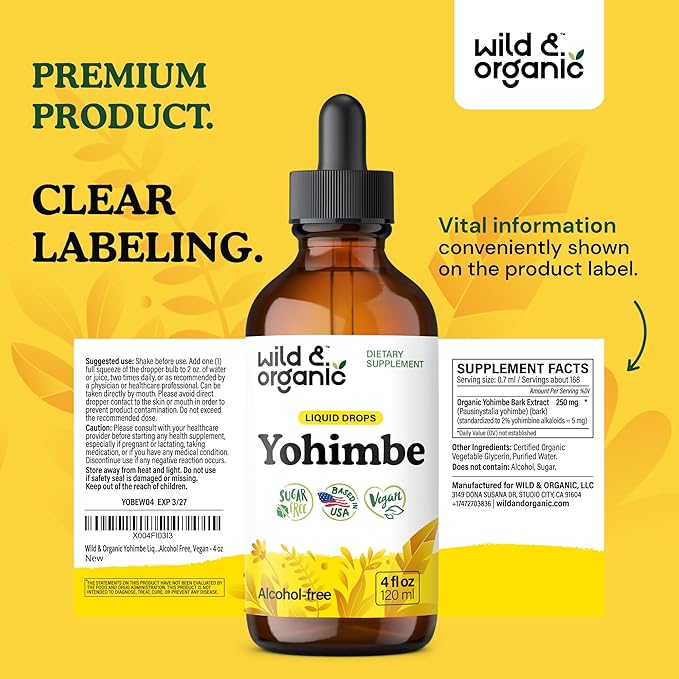 Wild &amp Organic Yohimbe Supplements for Men &amp Women - 5 mg Yohimbine Extract Tincture - Alcohol-Free Yohimbe Bark Drops - Vegan Non-GMO &amp Sugar-Free - 4 fl oz