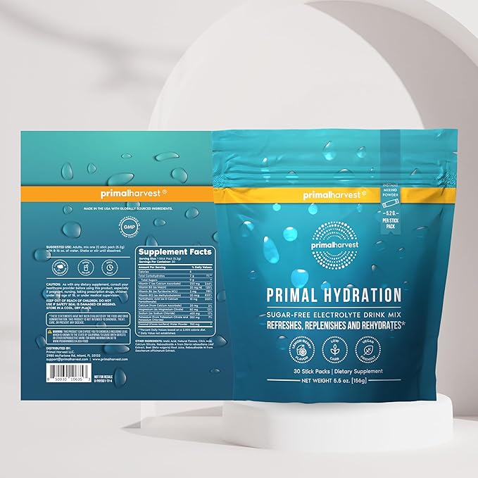 Primal Harvest Electrolytes Powder Packets Primal Hydration Easy Open Packets Energy Drink Mix (Lemon Berry 30 Packs) (1 Bag)