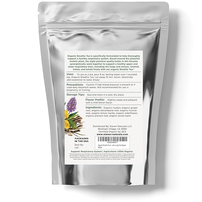 Elanen Naturals Organic Breathe Tea 4 oz. (113g) USDA Certified Organic Lung Tea for Bronchial Wellness and Smokers Respiratory Blend Gordo Lobo Herbs Loose Leaf Mullein Detox Lungs Cut &amp Sif