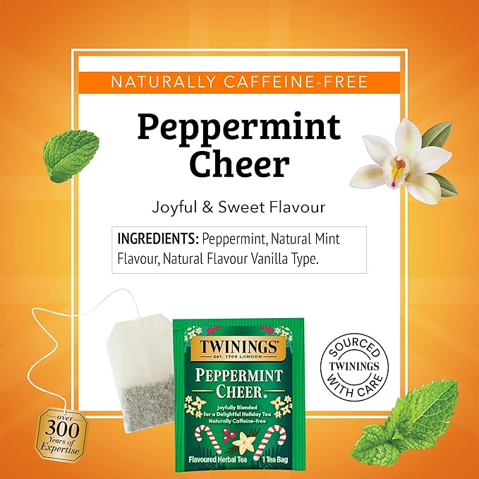 Twinings Peppermint Cheer Herbal Tea Individually Wrapped Bags 20 Count (Pack of 6) Peppermint &amp Creamy Vanilla Naturally Caffeine-Free Enjoy Hot or Iced 120 Teabags