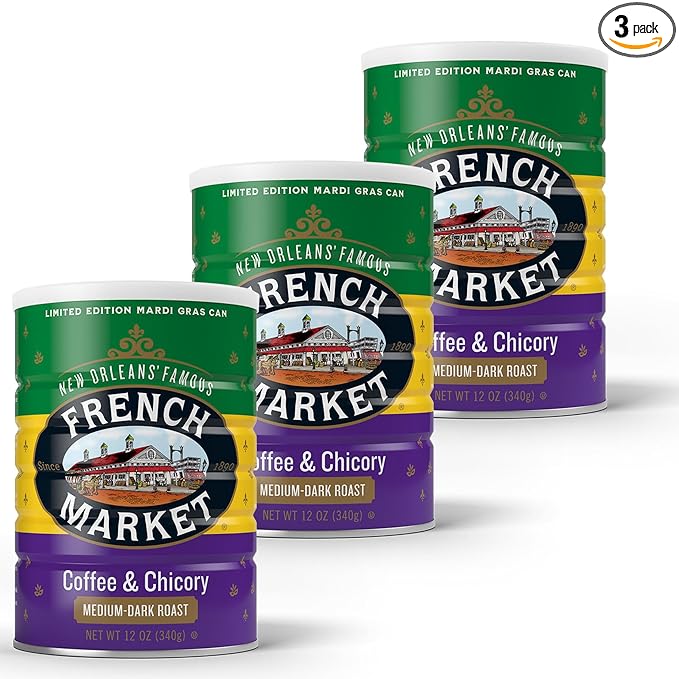 French Market Coffee &amp Chicory Medium-Dark Roast Ground Coffee 12oz Limited Edition Mardi Gras Can (Pack of 3)