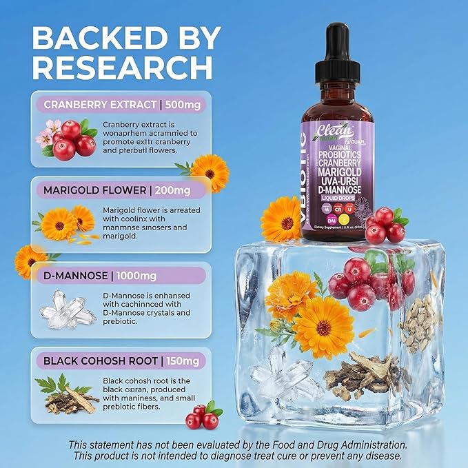 VBiotic Vaginal Probiotic for Women Liquid Drops | Womens Probiotics | Cranberry Uva Ursi Horsetail D-Mannose Prebiotics Marigold &amp Black Cohosh Vaginal Health Supplement | pH Balance | By Clean N