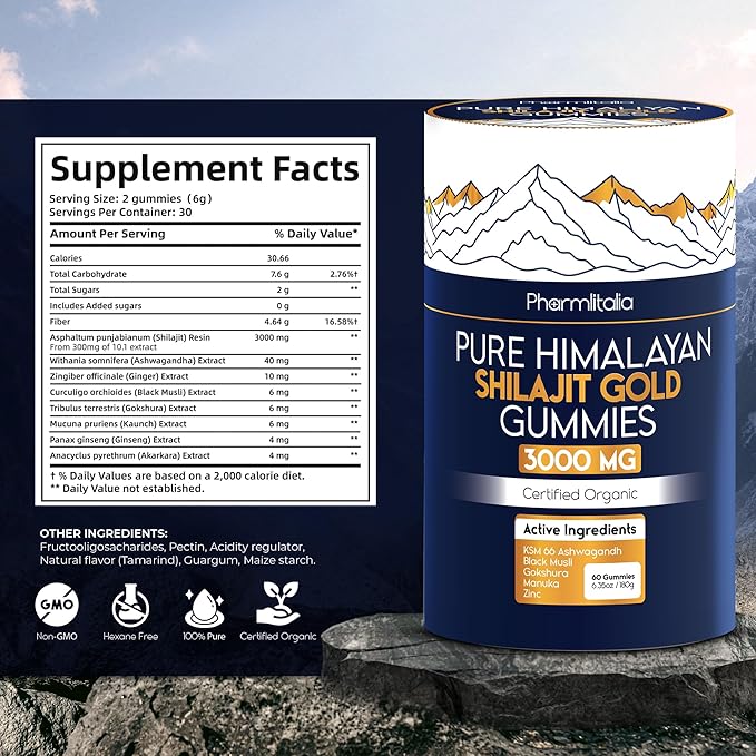 Shilajit Gummies - Himalayan Natural Shilajit Gummies 3000mg - Zinc Ashwagandha - Natural - No Added Sugar - 60 Count