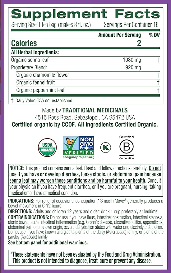 Traditional Medicinals Organic Smooth Move Senna Chamomile Herbal Tea Relieves Occasional Constipation (Pack of 3) - 48 Tea Bags Total