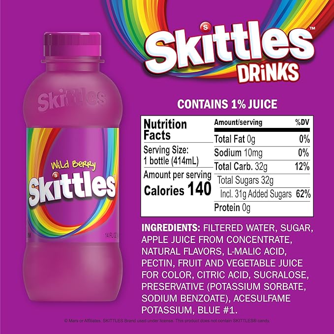 SKITTLES™ Candy Flavored Drink - Wild Berry Flavor | Bulk Candy Drinks with Fruity Flavors | 12 Fl oz. Bottles Pack of 12