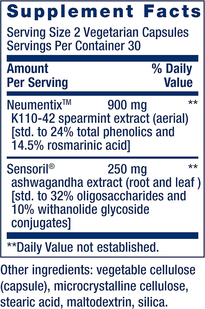 Life Extension Ashwagandha Plus Calm &amp Focus ashwagandha Extract Spearmint Extract Focus Attention Relaxation Advanced Formula 60 Vegetarian Capsules