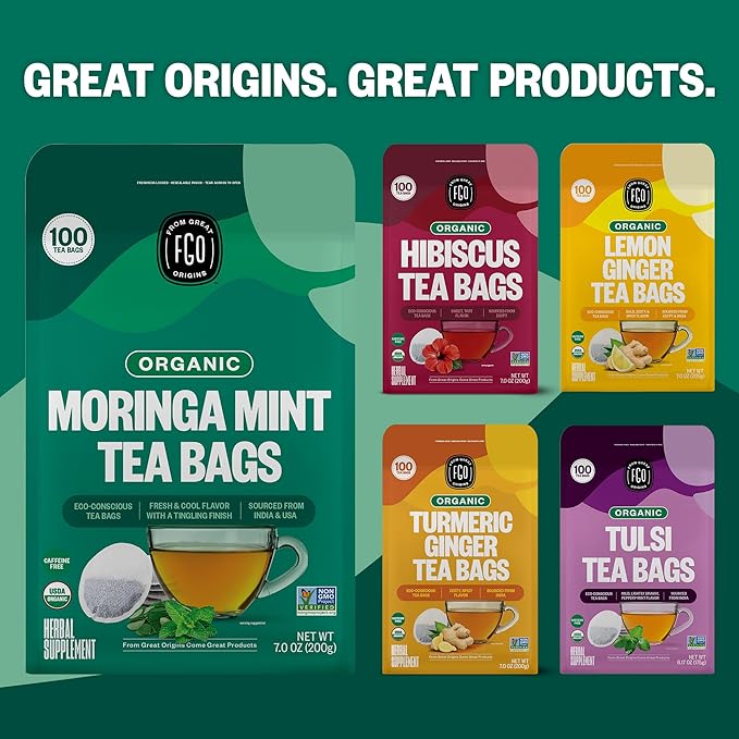 FGO Organic Moringa Mint Tea 100 Count Eco-Conscious Herbal Tea Bags Resealable Bag Caffeine Free Packaging May Vary (Pack of 1)