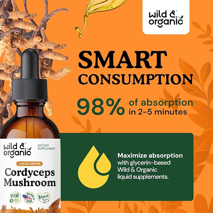 Wild &amp Organic Cordyceps Mushroom Tincture - Cordyceps Extract Supplement for Energy &amp Immune Support - Liquid Sinensis Mushroom Drops - Vegan Sugar &amp Alcohol-Free - 2 fl oz