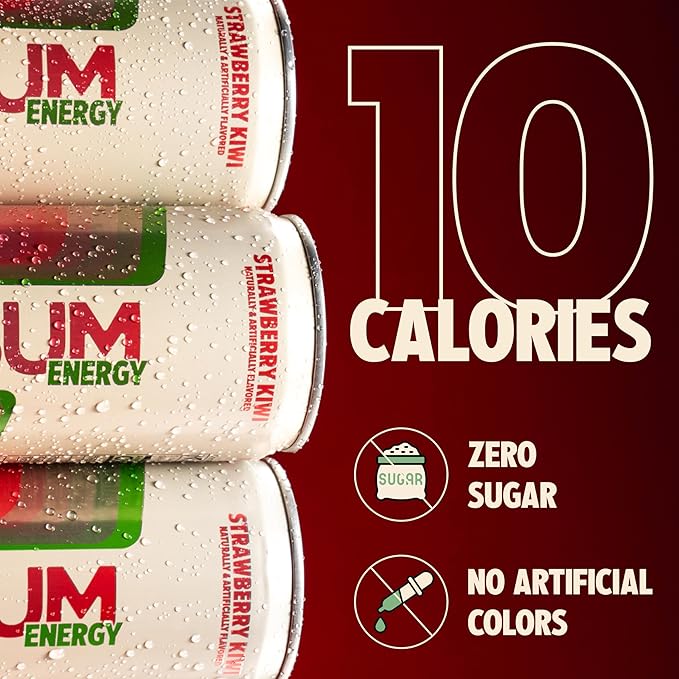 BUM Sugar-Free Energy Drink Strawberry Kiwi - Lightly Carbonated and Gluten Free with 112mg of Natural Caffeine &amp Nootropics for Energy &amp Focus Brain Boost Preworkout - 12 Fl Oz Pack of 12