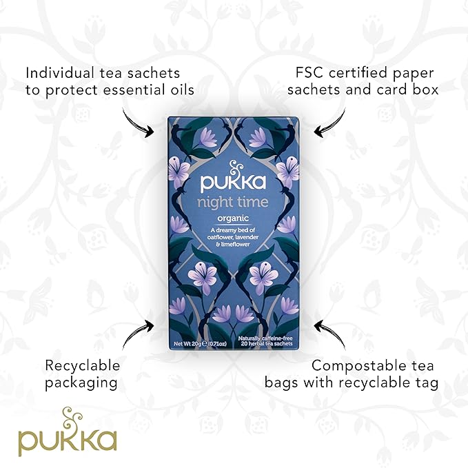 Pukka Organic Tea Bags Night Time Herbal Tea with Chamomile Lavendar &amp Valerian Perfect for Easing into a Soothing Sleep 20 Count (Pack of 6) 120 Tea Bags