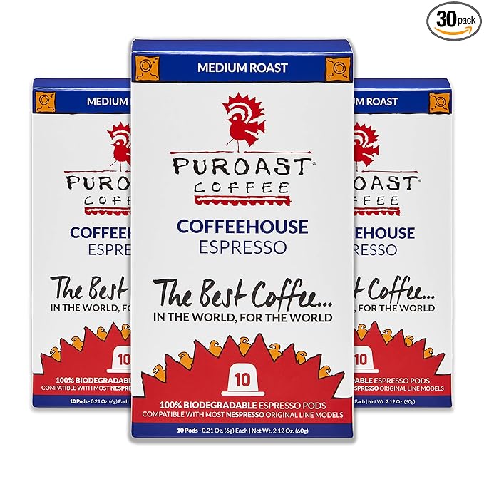 Puroast Coffeehouse Espresso Roast 30 Count100% Biodegradable Espresso Capsule High Antioxidant Smooth Compatible with Nespresso Original Line Machines*