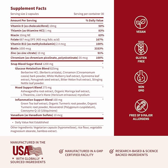 Snap Supplements Blood Sugar Blend with Berberine CoQ10 Cinnamon and Gymnema to Support Already Healthy Blood Sugar Metabolic Health and Energy Sugar Free 60 Capsules (Packaging May Vary)