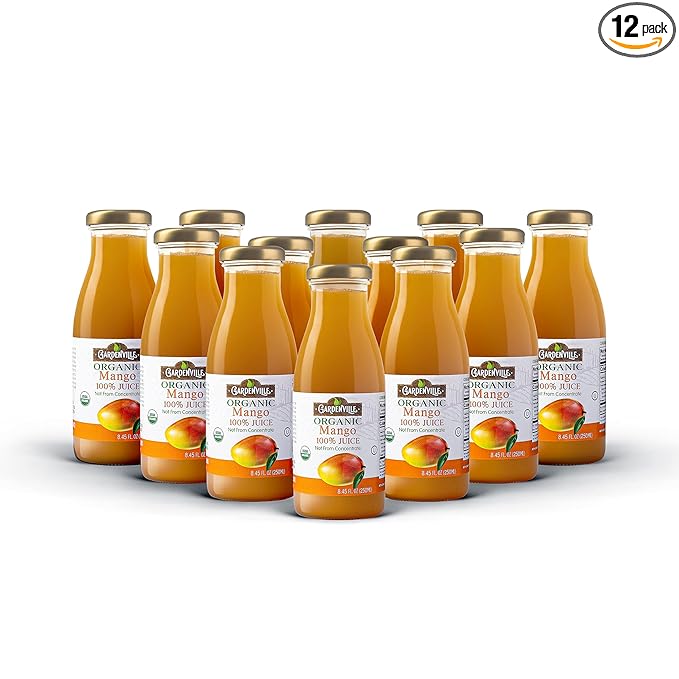 Gardenville Organic Mango Juice (Pack of 12) USDA Organic No Added Sugar U Kosher Certified Pasteurized 8.4 oz Glass Bottles (Mango)