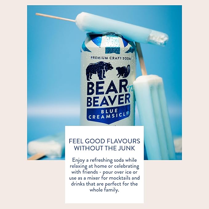 Bear 'n Beaver Premium Blue Creamsicle Craft Soda Soft Drinks - 100% Cane Sugar &amp Pure Vanilla - Vegan &amp Gluten-Free - Bold Caffeine Free Flavor for Mocktails &amp Mixing - 12 Pack of 16 Oz C