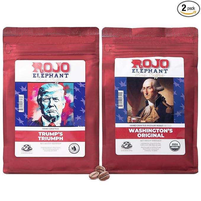 Rojo Elephant Handcrafted Ground Coffee 100% Arabica Beans 11 0z Bags Pack of 2 Trump's Triumph Washington Original Legacy Blend