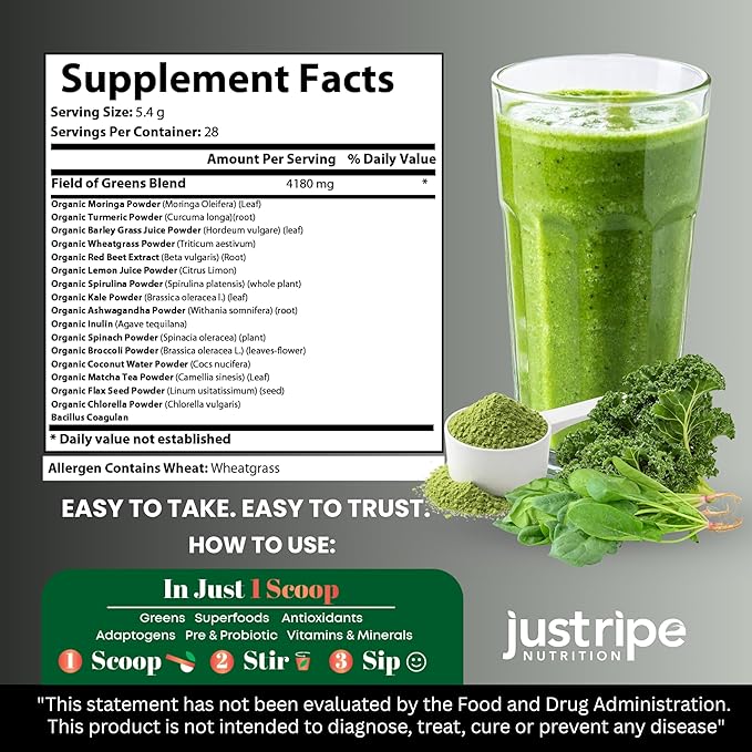 Field of Greens Superfood Powder with Organic Spirulina Chlorella Beet Root Powder - Bacillus Coagulans Probiotic A Plant-Based Mix Supporting Gut Health Immunity 28 Scoops - Unflavored