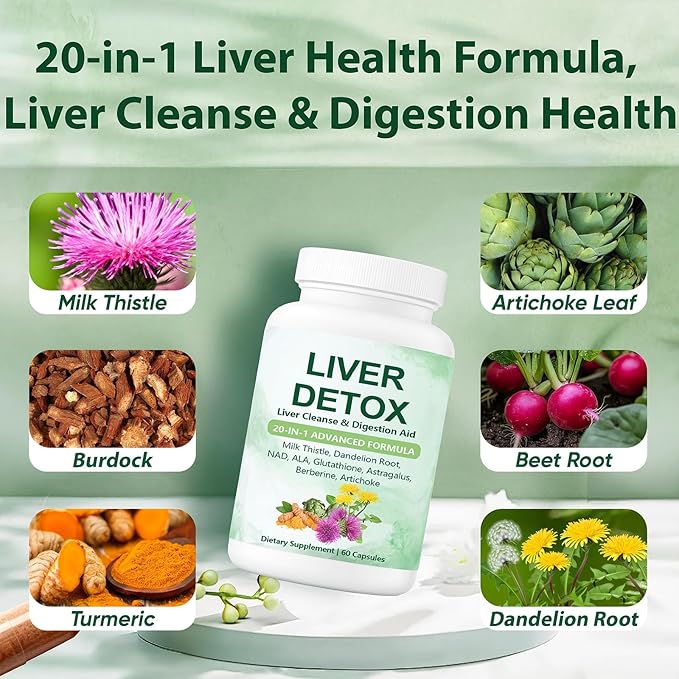 Nutrapure Liver Detox Capsules Nutrapure 20-in-1 Liver Detox Supplement with Milk Thistle Dandelion Root Turmeric Artichoke Leaf for Liver Cleanse &amp Digestion Aid Health - 60 Capsules (1)