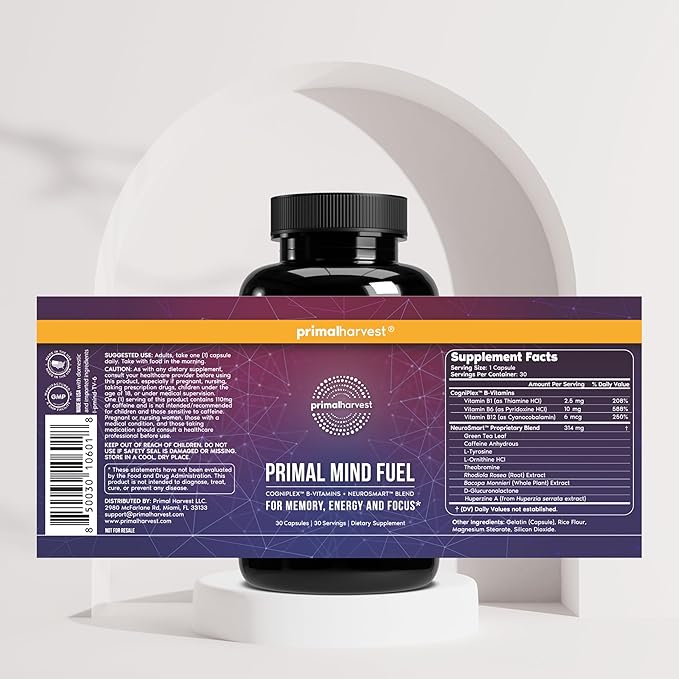 Primal Harvest Brain Supplement Primal Mind Fuel Brain Booster for Focus Energy Clarity Memory Brain Health 30 Capsules Nootropics Brain Support Supplement for Men and Women (2 Pack (30 Count))