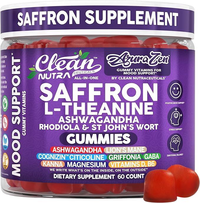 AuraZen Mood Support Saffron Gummies L-Theanine Ashwagandha Rhodiola St John's Wort Lions Mane GABA Vitamin D Magnesium Supplement | Calm Vegan Plant-Based Herbal Gummy By Clean Nutra