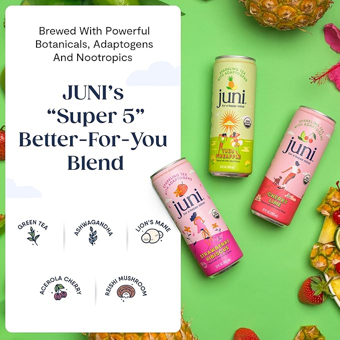 Juni Sparkling Adaptogen Drink with Ashwagandha Lion’s Mane &amp Reishi Mushrooms | Green Tea for Focus Zero Sugar 5 Calories | Decaffeinated Non Alcoholic Drinks - Strawberry Hibiscus 12 pack