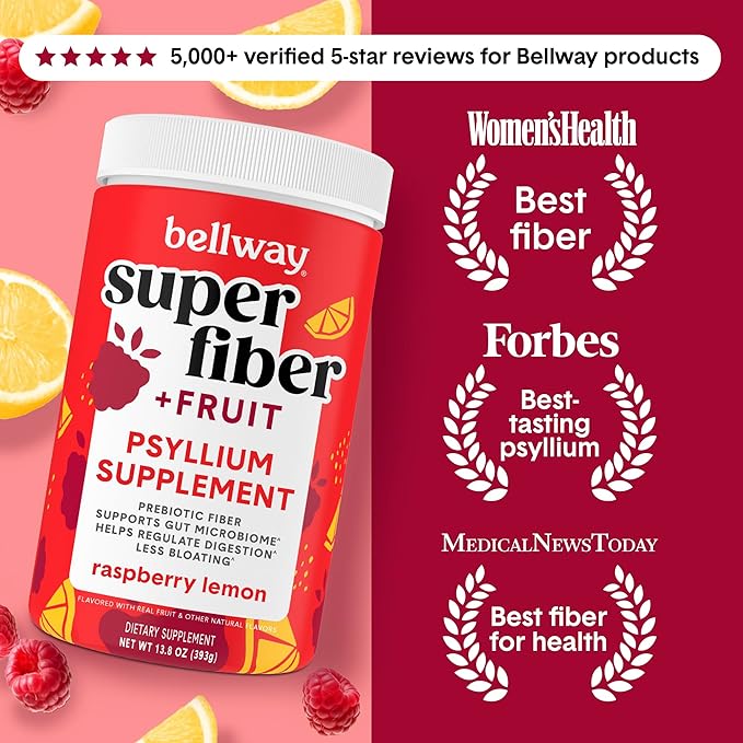 Bellway Super Fiber Powder + Fruit Sugar Free Organic Psyllium Husk Powder Fiber Supplement for Regularity Bloating Relief &amp Digestive Health Plant-Based Raspberry Lemon (50 Servings)