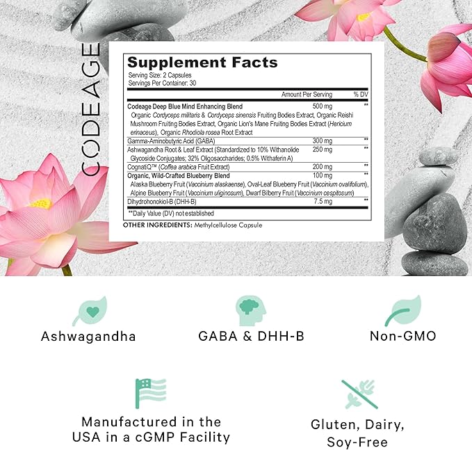 Codeage Meditate Vitamins+ Supplement - CognatiQ DHH-B GABA Ashwagandha Organic Mushrooms Blueberries - BDNF Brain Pills and Neuroprotein - Vegan Non-GMO Gluten-Free - 60 Capsules