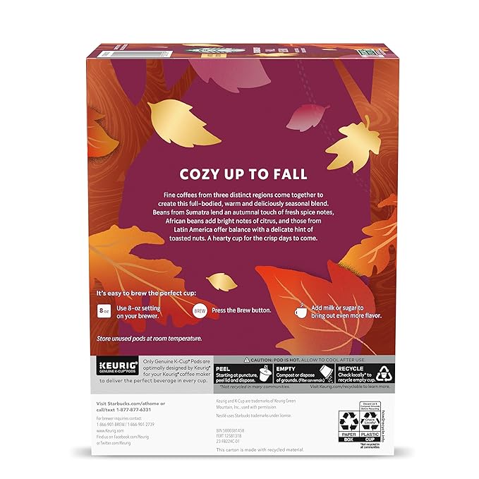 Starbucks K-Cup Coffee Pods Medium Roast Coffee for Keurig Coffee Makers Fall Blend 100% Arabica Limited Edition 6 Boxes (60 Pods Total)