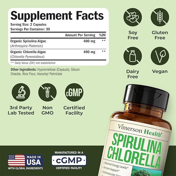 Organic Spirulina and Chlorella Capsules - Spirulina Capsules with Chlorella Powder for Immune Antioxidant &amp Energy Support. Nutritious Super Green. Vegan &amp Non-GMO. Third Party Tested. 60 Ca
