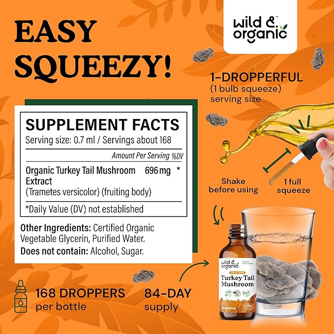 Wild &amp Organic Turkey Tail Mushroom Tincture - Immune Support Drops with Turkey Tail Extract - Liquid Mushroom Supplement for Gut Support - Vegan Sugar &amp Alcohol-Free - 4 fl oz