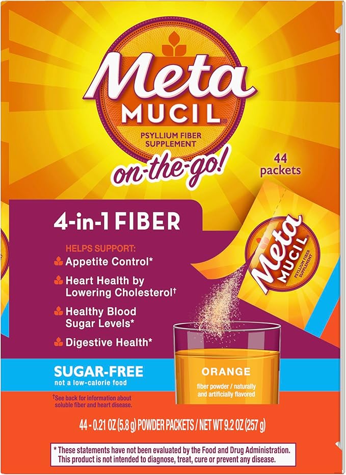 Metamucil On-the-Go Packets Sugar-Free 44 Packets 4-in-1 Psyllium Husk Fiber Supplement Orange Flavored Individual Servings Great for Travel Fiber Supplement for Digestive Health and Regularity