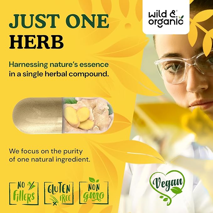 Wild &amp Organic Ginger Root Capsules 1200 mg - Immune &amp Digestive Support - Ginger Root Supplement - Zingiber Officinale Powder - 60 Days of Supply - Vegan No Fillers Non-GMO - 120 Count