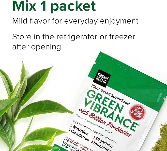 Vibrant Health Green Vibrance Packets Travel-Friendly Vegan Superfood Powder 15 Packets