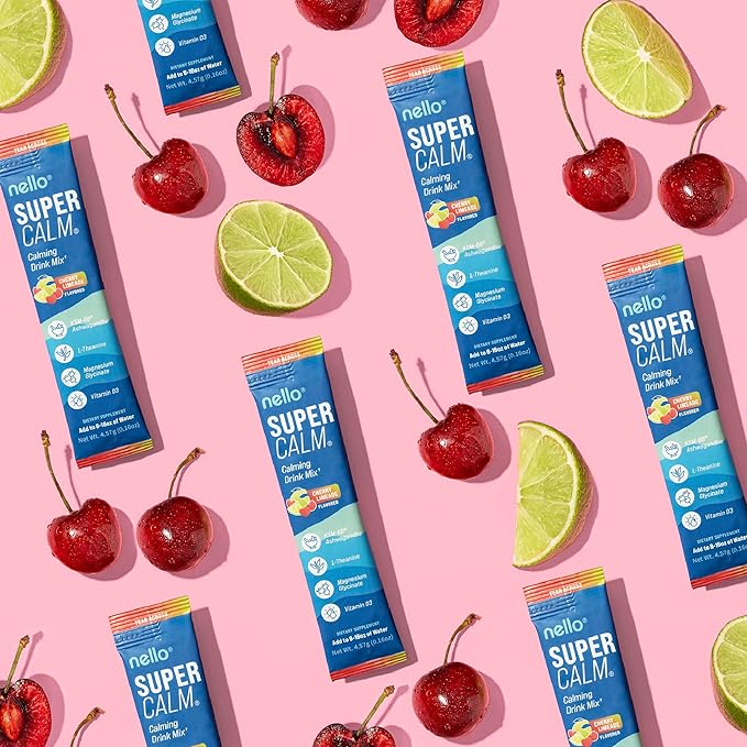 Nello Supercalm Powdered Drink Mix Cortisol Reducer* and Sleep Aid Supplement L Theanine Ksm-66 Ashwagandha Magnesium Glycinate Vitamin D 3 No Sugar Non GMO On The Go 20 Ct Cherry Limeade
