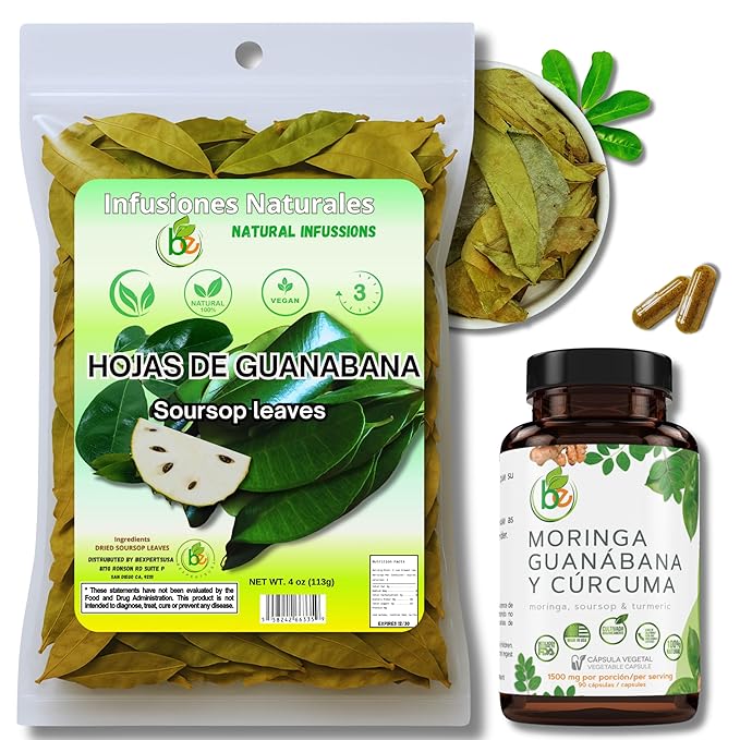 Guanábana Hoja Seca Té (Dried Soursop Leaves Tea) Combo 4 oz Bag + Moringa Soursop &amp Curcuma (Turmeric) 90 Capsules Organically Grown 1500 mg per Serving – 100% Natural Vegan – Powerful Anti