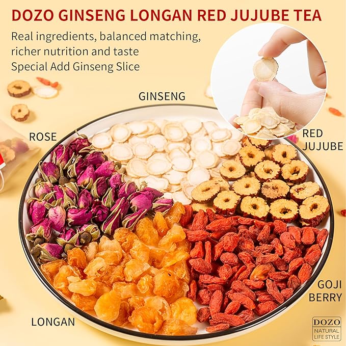 DOZO Ginseng Longan Red Jujube Tea Bag (20 Pack) Longan Goji Red Jujube Tea Women Replenish Qi Combination Herbal Tea 10.58oz/300g 人参桂圆红枣茶