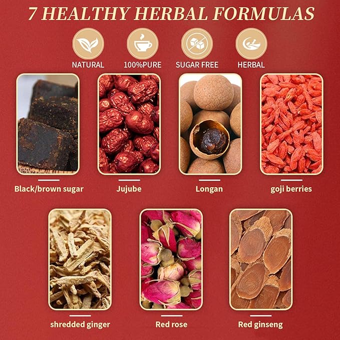 Baihuatang Brown Sugar Red Ginseng Ginger Tea 60 Bags (21oz) with Red GinsengLongan black sugar red dates goji berries rose flowers gingerCaffeine Free Warm Beverage