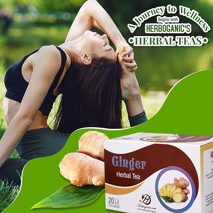 HERBOGANIC Ginger Herbal Tea - Relaxation and Delicate Aroma | Soothing and Refreshing Blend | Natural Ingredients | 60 Tea Bags