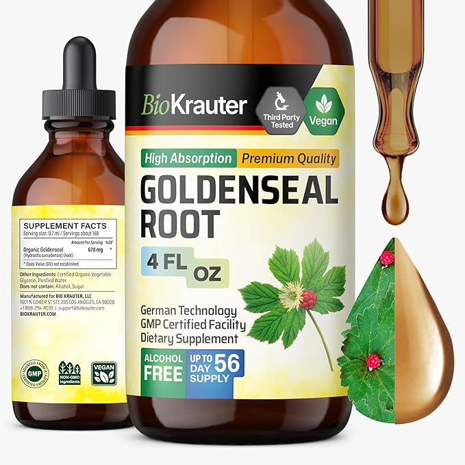 BIO KRAUTER® Goldenseal Root - Pure Vegan Goldenseal Tincture 670mg per Serving 4 Fl.Oz 56-Day Supply - Immune &amp Respiratory Support - Liquid Golden Seal for Digestive Support - Alcohol &amp Suga