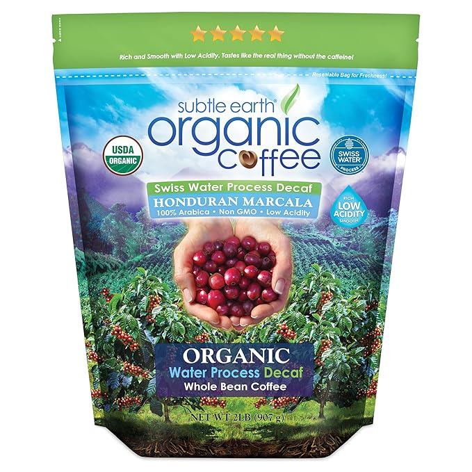2LB Subtle Earth Organic Decaf - Swiss Water Process Decaf - Medium Dark Roast - Whole Bean Coffee - Low Acidity - Organic Certified by CCOF - 2 Pound Bag