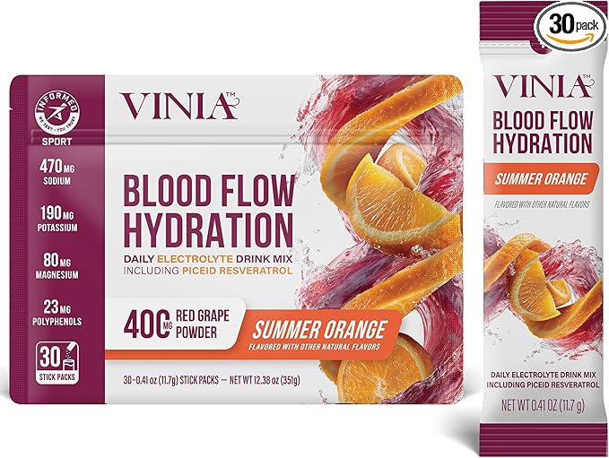 VINIA Resveratrol Electrolyte Hydration Powder Mix | Boost Blood Flow &amp Circulation | Sea Salt Coconut Water Potassium Magnesium Informed Sport Certified (30 Sticks Summer Orange)