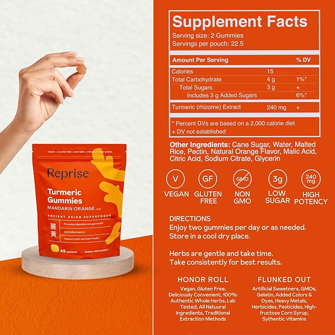 Turmeric Gummies for Women | Turmeric Supplement Gummies for Inflammation | Turmeric Gummies for Adults | Natural Curcumin Low-Sugar Vegan Mandarin Orange Flavor 45 Count