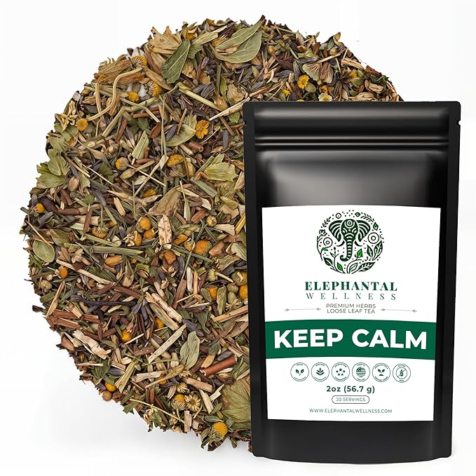 Elephantal Wellness Keep Calm Herbal Tea | Stress Relief &amp Mood Support with Ashwagandha Lemon Balm Chamomile Valerian &amp St. John’s Wort | Handmade Caffeine-Free Loose Leaf Blend | 2oz 20